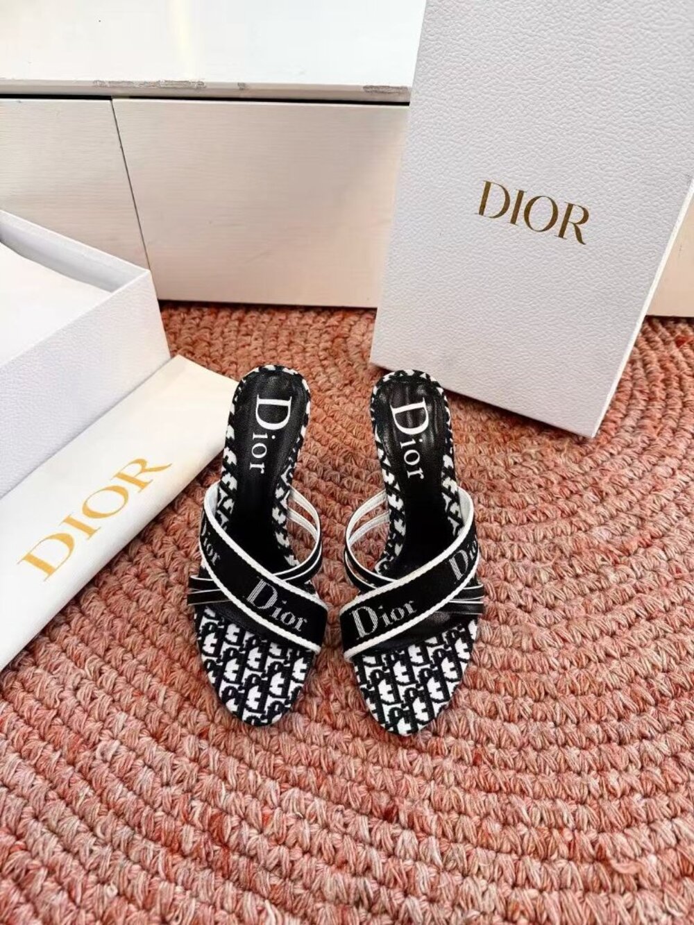 Dior Black Oblique Jacquard Logo Ribbon Slip‑On Mule Heels